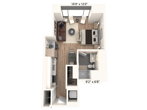 Floor plan for studio, 1 bath, 589 sqft